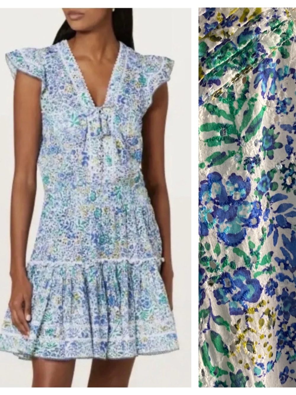 Poupette St. Barth Blue Green Floral Eyelet Anais Cotton Mini Dress Medium
